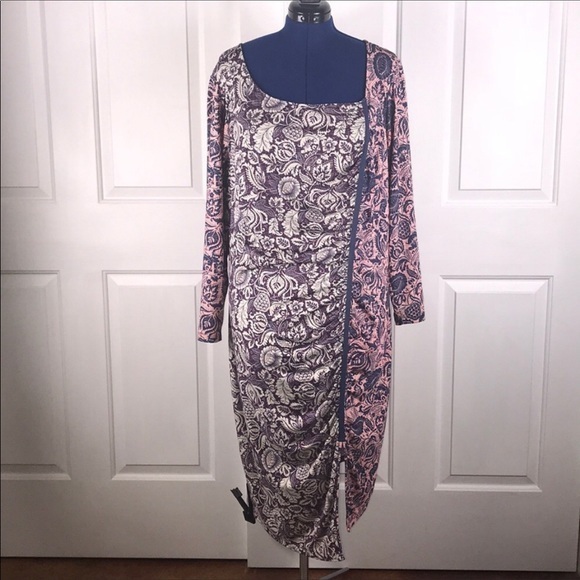 Isabel &‎ Alice 3X modern asymmetric ruched contrast red/blue patterns dress - Picture 10 of 10